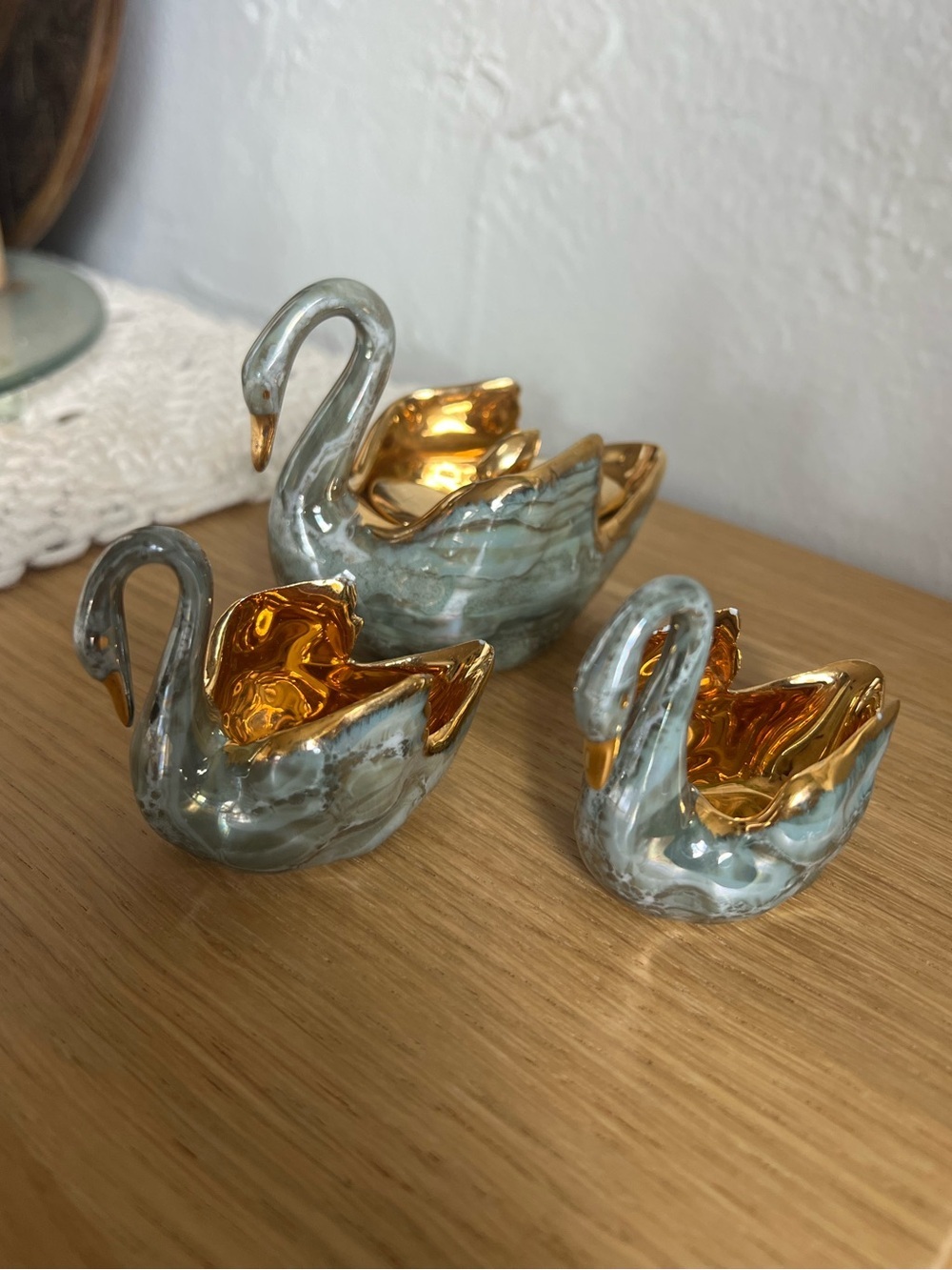 Vintage Limoges France Swan Salt Cellars Set of 3 Gold Gilt Porcelain Open Salts